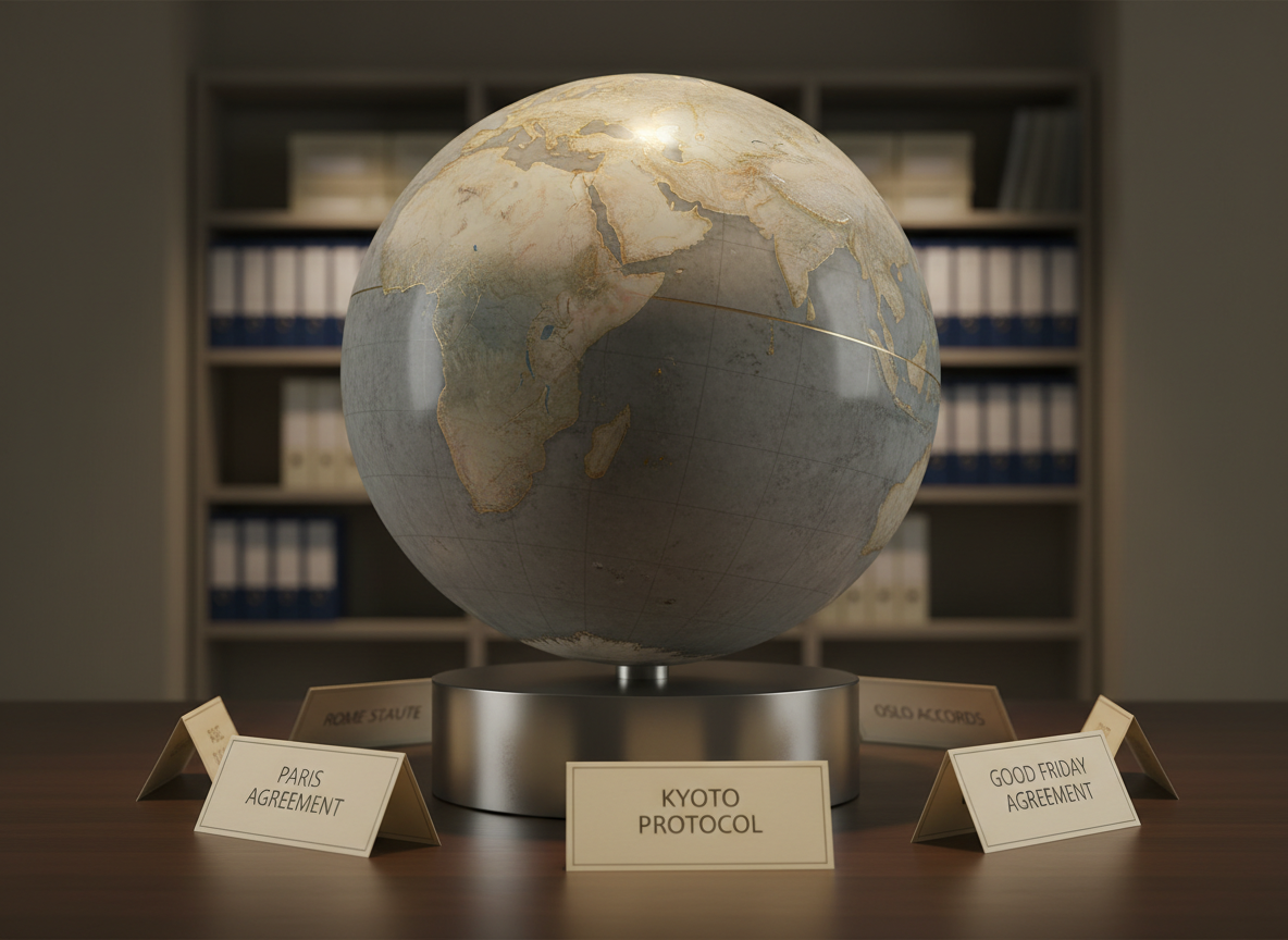 A polished stone globe in cool gray marble, its continents finely etched and filled with soft gold inlay, stands prominently on a simple brushed-steel pedestal. Surrounding the base are carefully arranged placards bearing the names of international agreements and peace frameworks, each printed in clean sans-serif type on thick ivory card. The globe is placed on a dark wood surface in a minimalist, neutral-toned room, with a blurred backdrop of tall shelves filled with neatly aligned archival boxes and policy binders. Directional overhead lighting casts a gentle spotlight on the globe, creating subtle highlights on its curved surface and soft shadows around the placards. Photographed from a slightly low angle, the mood is dignified, reflective, and cautiously optimistic, in crisp photographic realism.