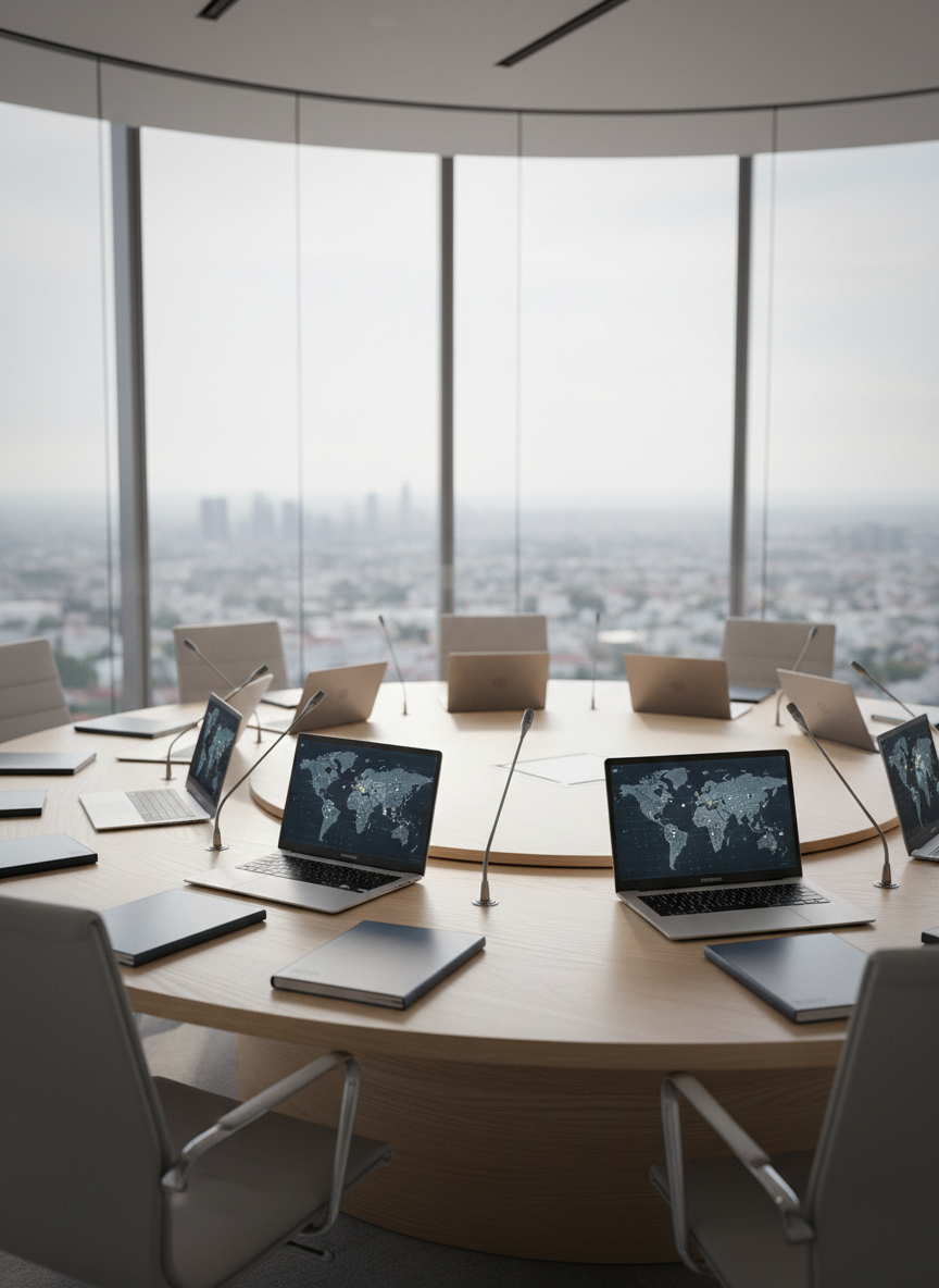 A large circular conference table crafted from pale oak, its surface meticulously arranged with slim silver microphones, open laptops displaying complex world maps, and neatly stacked briefing folders in muted blues and grays. The table sits in the center of a contemporary glass-walled meeting room overlooking a distant city skyline softened by light haze. Diffused afternoon daylight pours through floor-to-ceiling windows, reflecting gently off the polished tabletop and glass surfaces, creating a calm, contemplative atmosphere. Photographed at eye level with a slight diagonal angle, the sharp foreground gradually softens into a subtle bokeh of blurred cityscape beyond. The mood is professional, focused, and forward-looking, captured in clean photographic realism with a minimalist, modern aesthetic.