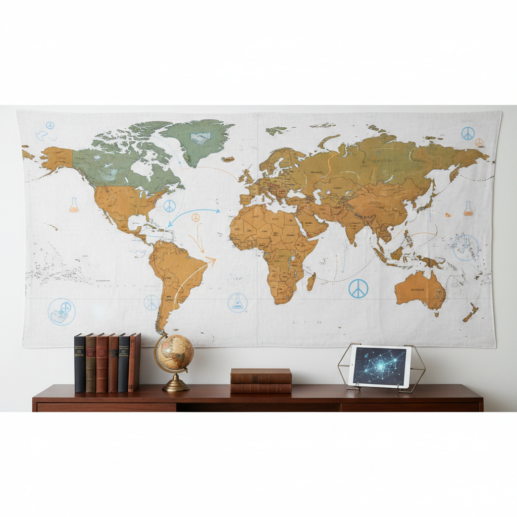 An expansive world map mural printed on textured matte fabric stretches across a clean white wall, with major regions subtly overlaid by translucent circular diagrams, arrows, and icons representing trade routes, climate zones, and diplomatic networks. A slim, dark-wood credenza below holds neatly arranged reference books, a small globe, and a digital tablet resting on a metal stand. Soft, even studio-style lighting illuminates the wall, minimizing shadows and highlighting the muted earth-tone color palette. Shot straight-on with precise symmetry, the composition emphasizes clarity and analytical order. The atmosphere feels scholarly and methodical yet quietly urgent, rendered in high-resolution photographic realism suited for a professional peace studies event website header.