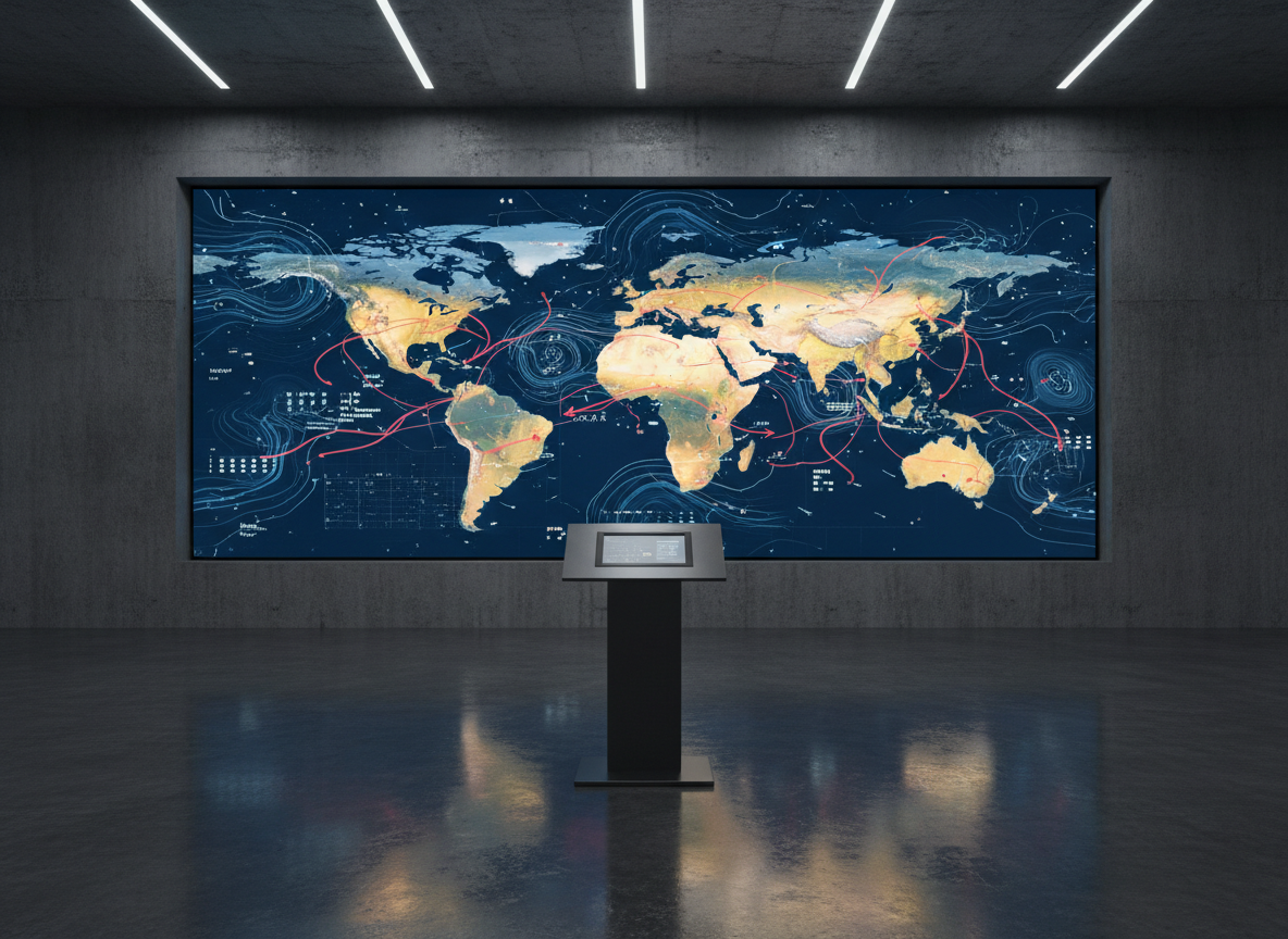 A large digital display screen mounted on a concrete wall shows an intricate, multi-layered visualization of global conflict hotspots, climate stress zones, and migration routes in deep blues, amber yellows, and soft reds. In front of the screen stands a sleek lectern made of matte black metal with a built-in microphone and a small touch-screen control panel glowing faintly. The floor is dark polished concrete, reflecting faint hints of color from the display. Only the screen and subtle recessed ceiling lights illuminate the space, creating an analytical, think-tank-like atmosphere. Captured from a slightly elevated angle with the screen framed by negative space, the composition emphasizes data-driven, future-oriented analysis in a clean, cinematic photographic style.