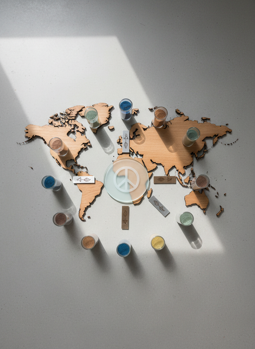 A serene overhead view of a circular arrangement of objects on a smooth, light concrete surface: interlocking wooden puzzle pieces shaped like continents, small transparent cylinders filled with different-colored sands representing ecological pressures, and slim metal tokens engraved with symbols for diplomacy, economy, and environment. In the center, a frosted glass disc etched with a minimalist peace symbol catches the light. Soft, diffused daylight from an unseen skylight creates a gentle, even glow and faint radial shadows, emphasizing the circular composition. The color palette is understated, with natural woods, soft neutrals, and muted metallics. The photographic realism and precise top-down framing evoke systemic thinking, interconnectedness, and the complexity of building sustainable peace in a multipolar world.