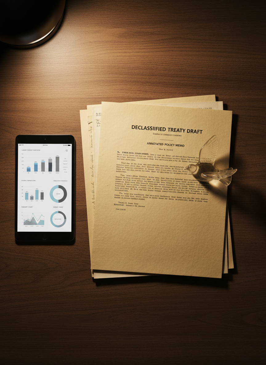 A carefully arranged cluster of documents lies on a broad, dark walnut table: declassified treaty drafts, annotated policy memos, and vintage telegram facsimiles, each printed on slightly yellowed, textured paper with visible typewriter fonts and marginal notes in precise pencil. A slim, modern tablet rests beside them, displaying a clean, interactive dashboard of current conflict indicators in cool blues and grays. A transparent acrylic paperweight shaped like a dove in flight anchors one corner of the stack. Warm, directional desk-lamp lighting pools over the documents, casting gentle, elongated shadows and highlighting the contrast between analog and digital tools. Photographed from a top-down perspective with a tight, balanced composition, the mood is analytical, archival, and thoughtfully introspective.