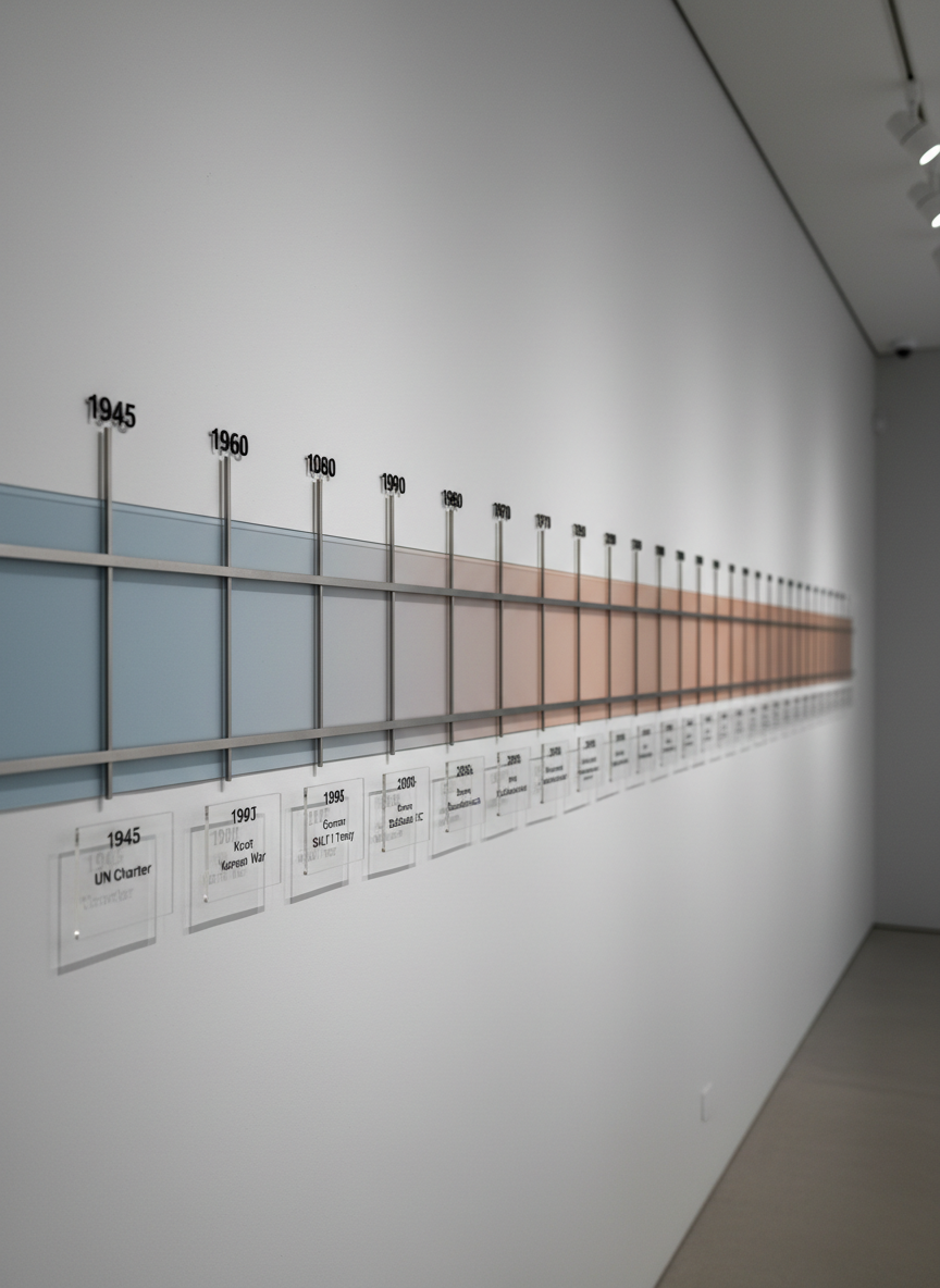 A long, minimalist timeline installation stretches across a smooth, light-gray gallery wall, composed of slim horizontal metal bars intersected by vertical markers labeled with key years from 1945 to the present. Beneath each year, small acrylic panels display succinct descriptions of major international treaties, conflicts, and peace initiatives, printed in precise black lettering. A translucent overlay traces the shifting centers of global power in a muted gradient from cool blue to warm copper. Soft track lighting above casts even illumination along the timeline, creating delicate shadows that enhance depth without distraction. Photographed from a shallow angle so the timeline recedes into the distance, the image conveys historical continuity and transformation in a restrained, professional photographic realism.
